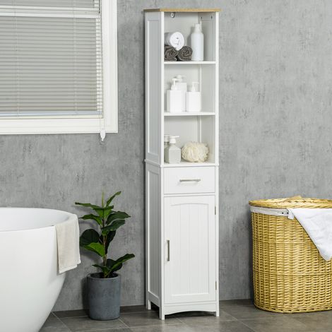 Mobiletto da bagno Kleankin con 1 cassetto, 1 anta, 3 ripiani, colonna per bagno, mobile ausiliario per WC, 34x30x163 cm, bianco (1/5)