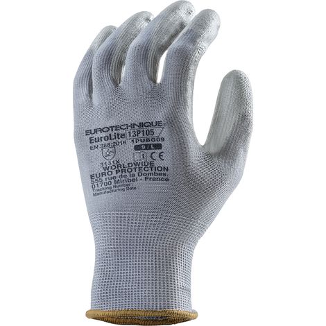 Guantes de manipulación EUROLITE 13P105 poliéster gris con end PU gris - 1 par Talla 9 (1/3)