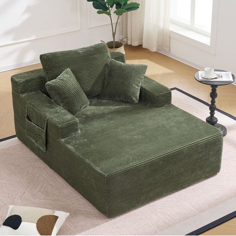 Canapé-lit en velours côtelé vert, sans montage, avec poches latérales et coussins (1/5)