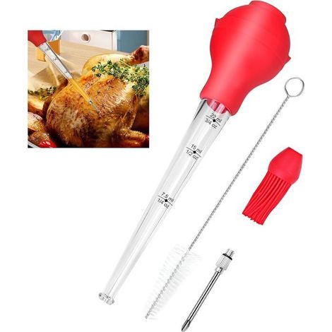 Viande de Seringue, Poire à Sauce Poulet Turquie Barbecueavec Brosse de Nettoyage, Pinceau de Silicon y Aiguille, (Rouge) (1/5)