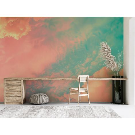 Papier peint nature - nuages vert émeraude et rose au coucher du soleil - 150 x 250 cm (1/2)