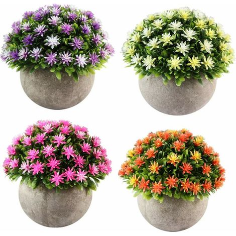BRAVIX Lot de 4 Petites Plantes Artificielle des Fleurs avec Pot,Intérieur Exterieur pour Déco.(Orange+Rose+Jaune+Violet)