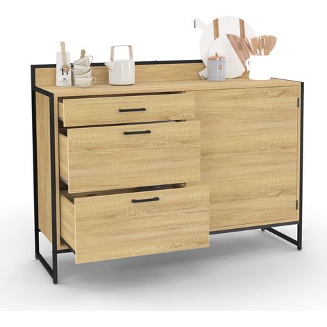 Idmarket – Buffet bas de cuisine 120 cm – Casserolier avec 1 porte et 3 tiroirs – Plan de travail H.83 cm – Métal et panneaux de particules