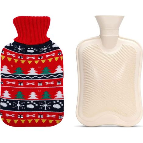 Hot water bottle/heating pad - with knitted cover - warm and cozy - green and white Christmas tree pattern, 2000 ml
