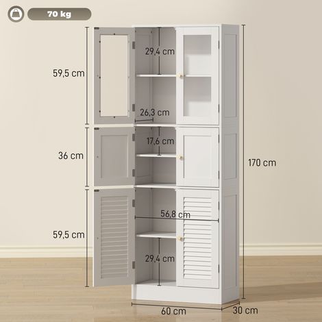 Meuble de salle de bain haut, meuble de rangement avec 6 portes dont 2 vitrées et 2 persiennes, étagère réglable, blanc (1/5)