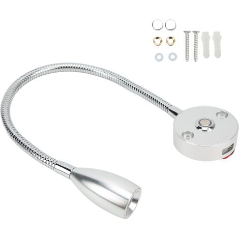 Lampada da lettura a LED da 3W, lampada da parete flessibile a collo d'oca, 3 colori regolabili, ideale per camper, barche, roulotte, colore argento. (1/4)