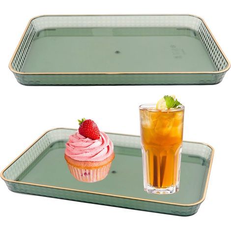 Set di 2 vassoi da portata - vassoi per pasti - rettangolari in plastica con bordo dorato per cucina e feste, verdi, 31x22 cm (1/5)