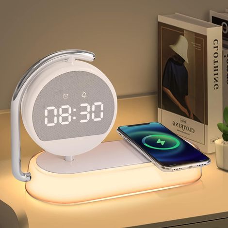 Lámpara de despertador LED, lámpara de mesita de noche con estación de carga inalámbrica de 15 W, luz nocturna táctil con 3 niveles de luz suave para adultos y niños, regalos festivos. (1/5)