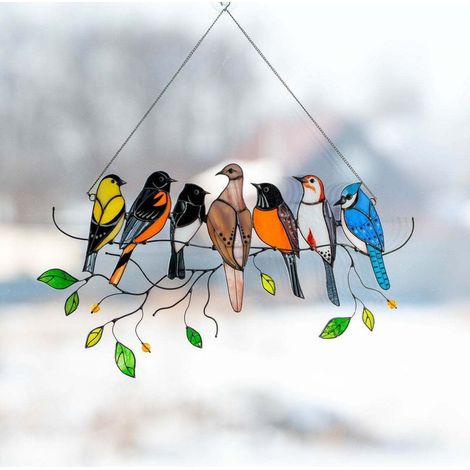 Sollbry Kunststoff-Vogel-Hängepaneel, getönte Fensterdekoration, mit Kette (7 Vögel) (1/5)