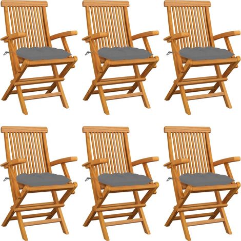 Lot de 6 Chaises de jardin avec coussins gris - Chaise d'extérieur pour terrasse/jardin Bois de teck massif BV108136 - BonneVie (1/5)