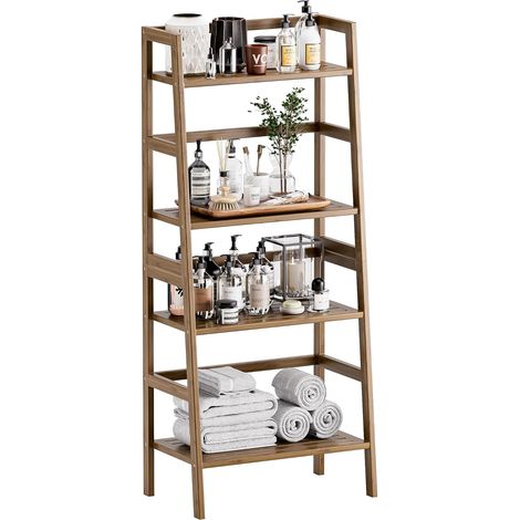 Etagère à Livres en Échelle, Étagère de Rangement de Salle de Bain Autoportante, Étagère pour Présentoir pour Petites Plantes, Bibliothèque en Bambou avec Étagères Ouvertes à 4 Niveaux, Noyer (1/5)