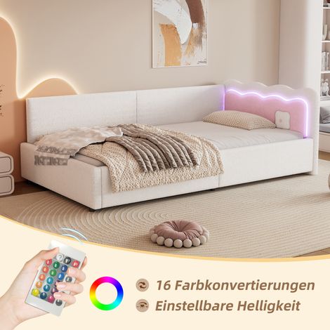 Divano letto 90/200 cm bianco di velluto con LED e testiera bicolore (1/5)