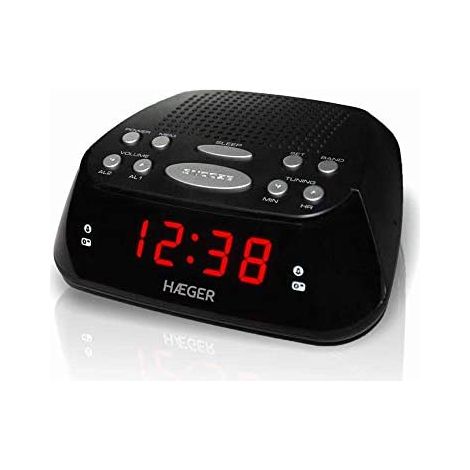HAEGER Snooze - Radio-réveil numérique - Fonction Snoozer/Sommeil, double réveil, 20 mémoires de stations (10 FM / 10 Am), écran LED rouge pour une visualisation facile.