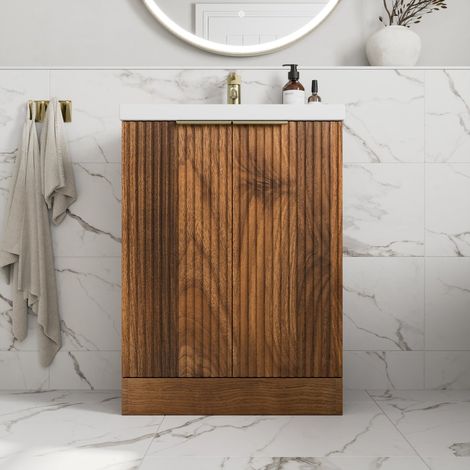 Fluted 600mm Bathroom Vanity Unit Basin Floorstanding Cupboard Soft Close Walnut (1/5)