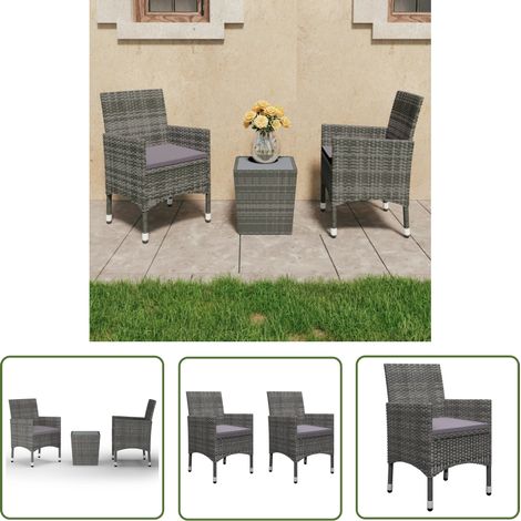 The Living Store Ensemble de bistro 3 pcs Résine tressée et verre trempé Gris - Salon De Jardin - Mobilier De Jardin - Set De Bistro - Table Et Chaises - Résine Tressée (1/5)