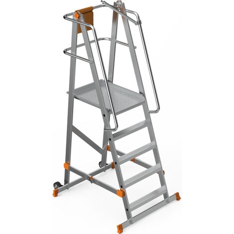 Escabeau à plateforme roulante pliable en aluminium renforcé – 4 marches + plateforme antidérapante (570 x 620 cm), H.132 cm avec garde-corps de sécurité – SARAYLI 8104
