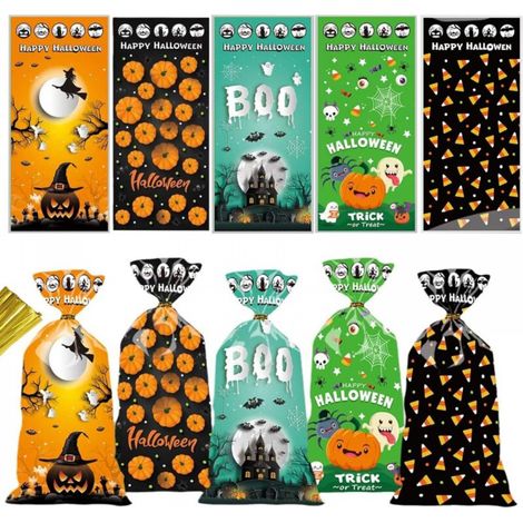 Lot de 50 sachets de friandises en cellophane pour Halloween, sachets de bonbons en cellophane avec torsion pour Halloween (1/5)