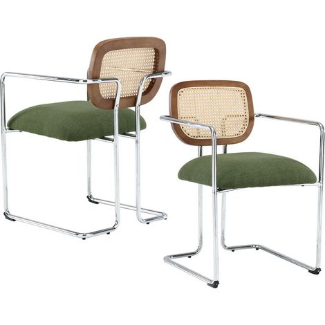 Esszimmerstühle geflochtene für Küche aus Leinen Rattan mit Metallbeine Rückenlehne Vintage Grün 2er Set Wahson