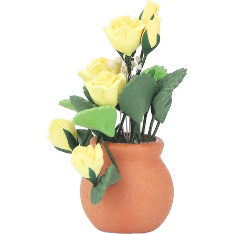 1:12 Puppenhausblume Gelbe Rose Roter Topf Grüne Blätter Lebendige Mini Niedliche Miniatur Keramikblume (1/5)