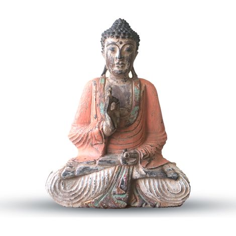 Statue de Bouddha sculptée à la main orange vintage - 40 cm - Transmission pédagogique- Vendu par 1