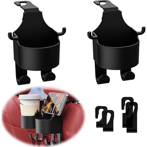 Set aus 2 3-in-1-Haken für Autositzlehne, Kopfstütze, Getränkehalter, Aufbewahrung und Reisezubehör für Kinder und Erwachsene. (1/5)