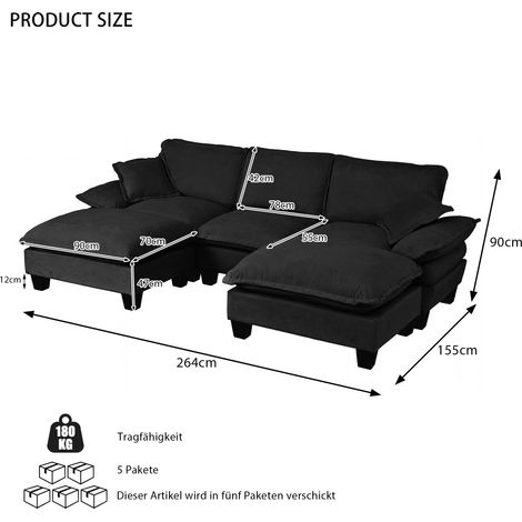 Canapé modulaire en angle forme U, nuage bateau, 2 poufs amovibles + 2 coussins moelleux, revêtement chenille doux pour salon et appartement, Noir (1/4)