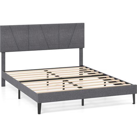 COSTWAY Cadre de Lit 2 Personnes avec Sommier, Tête de Lit Double Rembourré 140 x 200 cm, Réglable en Hauteur, Lattes en Bois, Montage Facile, Silencieux, Gris Foncé (207 x 165 x 95-110 cm) (1/5)