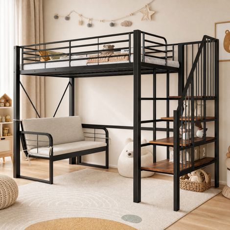 Etagenbett 90x200 cm Schwarz aus Metall und MDF mit Stauraumleiter und abnehmbarem Sofa (1/5)