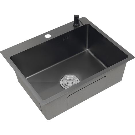 Évier rectangulaire de 55 x 45 cm, évier de cuisine à cuve unique, évier encastrable, évier avec bonde et distributeur de savon, en acier inoxydable, noir (1/5)