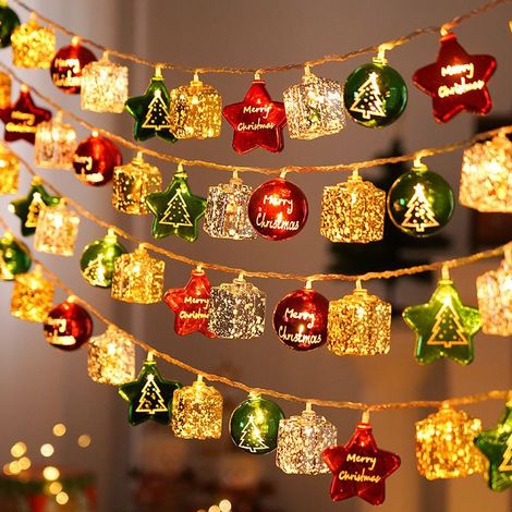 Guirlande lumineuse Noël coffret cadeau 1,5m 10 LED colorées clignotantes à piles, avec étoile et boules de Noël, décoration ambiance intérieure festive (1/3)