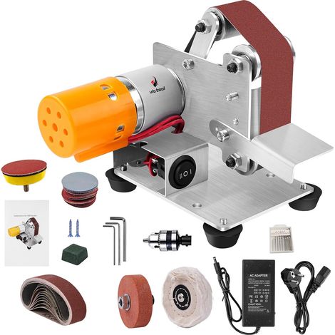 Mini Ponceuse à Bande, Ponceuse à Bande Électrique, 4000-9000RPM, Polisseuse Réglable à 7 Niveaux, Aiguiseur de Couteaux avec 10 Pièces Bandes Abrasives pour DIY Bois, Métal, Polissage (1/5)