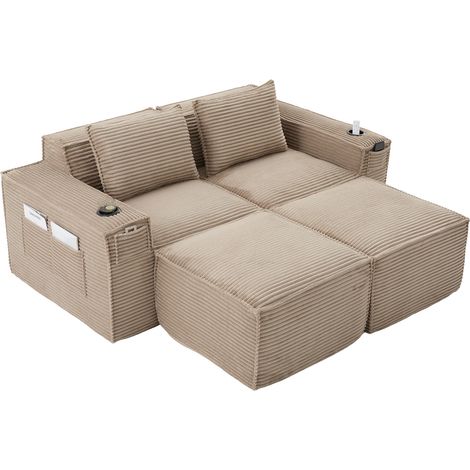 Modulares Sofa 2-Sitzer aus Cord mit Becherhaltern, Seitentaschen, Khaki (1/5)