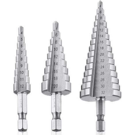 SABIR Foret Etagé Foret Fraise Metal HSS 4PCS 4-12/20/32mm Meche Etage Perceuse Acier Fraise Forage Conique Triangle avec Revêtement Titane Visseuse Percage pour Acier/Bois/Laiton/Plastique/PVC (1/5)