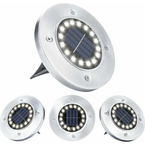 Set mit 4 Solar-Gartenleuchten, 16 LED-Strahler zum Eingraben in den Boden, wasserdicht, Edelstahl, für Gehwege, Terrassen, Pfade und vergrabene Rasenflächen, weiß.