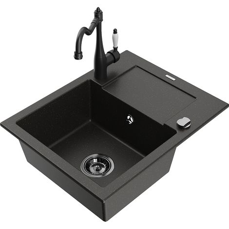 Mexen Enzo lavello in granito 1-vasca con gocciolatoio e miscelatore da cucina Carla, nero/oro metallico - 6506-75-670700-70-B (1/5)