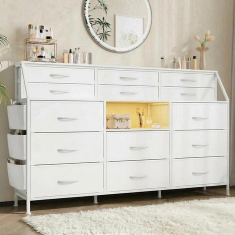 Schubladenkommode mit 14 Stoffschubladen, MDF & Metall, 100x36x28,5cm, Weiß (1/5)