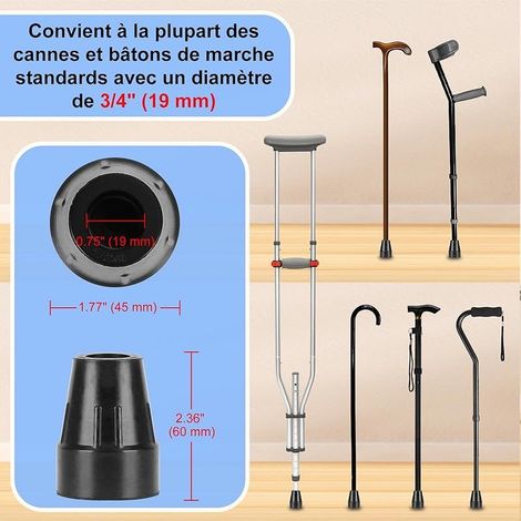 4 Pièces Embouts de Canne 19 mm, Embouts de Remplacement Antidérapants en Caoutchouc Résistant avec Base Renforcée en Acier, Compatibles avec Cannes et Béquilles, Noir (1/4)