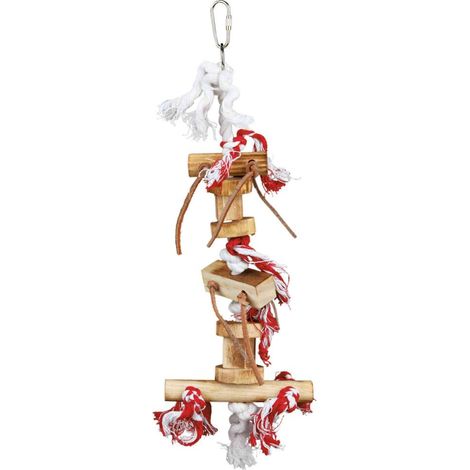 Jouet avec corde et bandes cuir, bois, multicol. - 35 cm