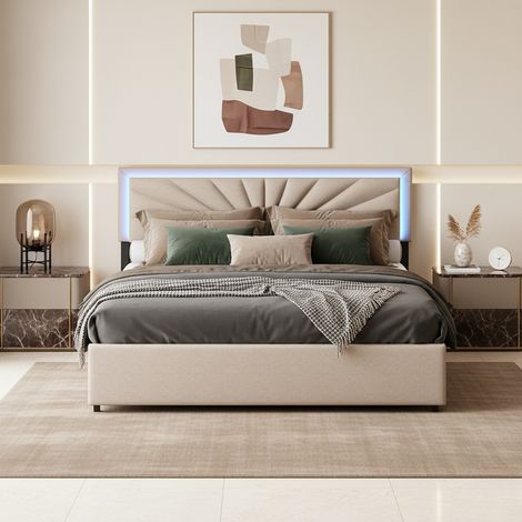 Letto matrimoniale 160x200 con 4 cassetti, letto per adulti trapuntato in tessuto di lino, testiera regolabile con illuminazione LED, struttura letto in metallo e legno, design moderno, Beige (1/5)