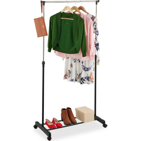 Relaxdays Stand Appendiabiti da Terra con Ruote, Attaccapanni Appendi Abiti, Regolabile 91-156x76x40,5 cm, Nero/Argento