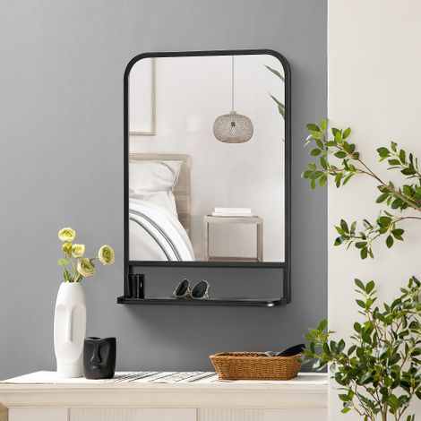 Miroir Mural Rectangulaire avec Étagère 70x50cm - Noir Moderne pour Salon et Couloir