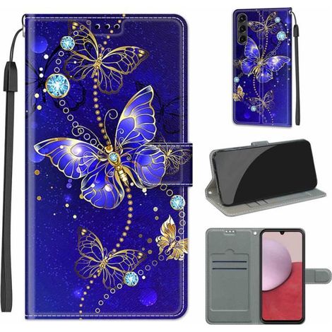 Coque Pour Samsung Galaxy A14/A14 5G 6.6\" Housse Téléphone Magnétique [Papillon bleu pattern] PU étui Flip en Cuir cover case -