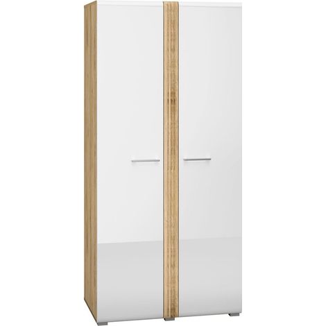 Kleiderschrank Garderobenschrank mit 2 Kleiderstangen AKRON-131 Castello Eiche Nb. mit Fronten in weiß Hochglanz, B/H/T: ca. 92/196/56 cm (1/5)
