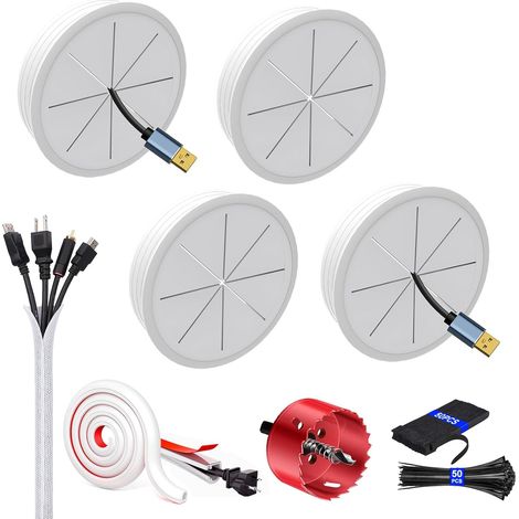 Lot de 4 Passe-câble Mural 60mm avec Scie Cloche Kit Gestion des Câbles pour TV Murale Table Bureau- Inclut 3m Gaine Tressée (1/5)