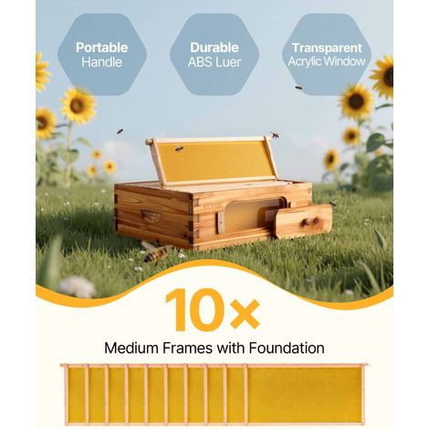 Kit démarrage ruche avec boîte moyenne, bois de sapin enduit de cire d'abeille, kit ruche Langstroth avec 10 cadres et fondations fenêtres acrylique transparent pour apiculteurs pro débutants (1/5)