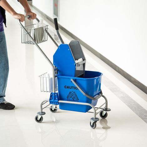 Carro de limpieza profesional de 26 litros con cubo para fregona, carro de limpieza de suelos con escurridor, 2 cestas de malla metálica, asa y 4 ruedas de plástico, para hoteles y hogares, color azul