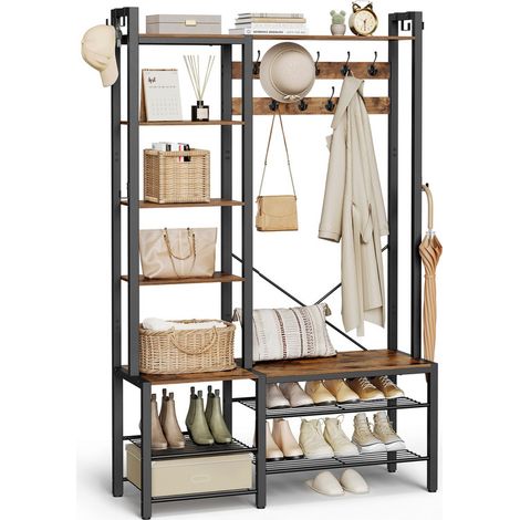 Hall Tree with Storage Bench and Shoe Organizer, Entryway Coat Rack with 5 Shelves, 9 Coat Hooks & 6 Side Hooks for Hallway