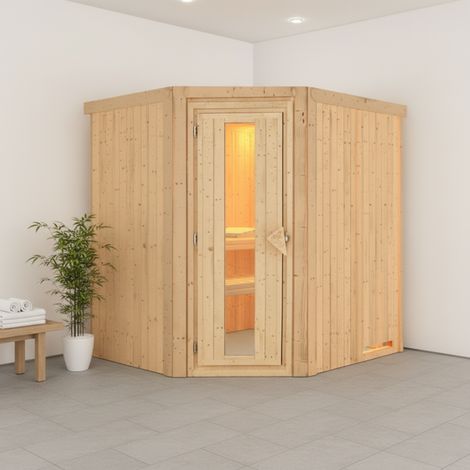 Sauna d'angle 4-5 places Karibu Siirin 68mm porte énergétique (1/5)