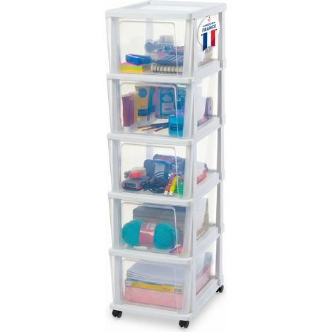 Iris Ohyama, Tour de Rangement Plastique à Roulettes, 5 Grands Tiroirs, Blanc, KMC-305