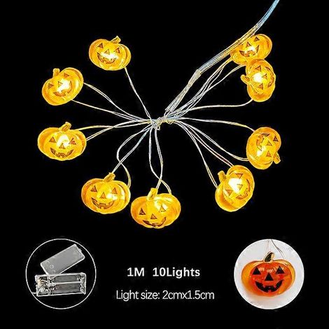 Guirlande lumineuse LED d'Halloween avec citrouille, crâne, main, chauve-souris et feuilles d'érable - Décoration féérique pour la maison, le jardin et les fêtes d'Halloween - Longueur : 1 m - 10 lumi